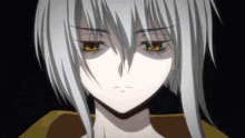 a close up of a person 's face with white hair and orange eyes