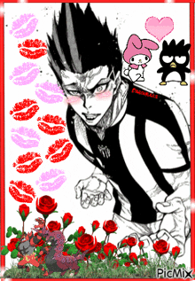 a picture of a man surrounded by red roses and kisses with a picmix watermark