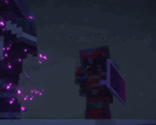 a person in a minecraft video game is standing next to a purple block .