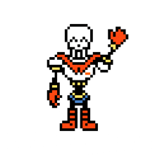 a pixel art drawing of papyrus from undertale holding a sword .