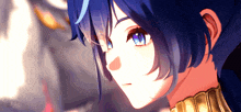 a close up of a blue haired anime character with a necklace