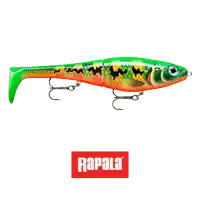 a green and orange fishing lure with the word rapala on the bottom