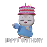 a 3d penguin with a birthday cake on his head and the words happy birthday