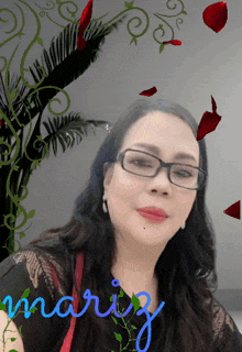 a woman wearing glasses is surrounded by flowers and mariz is written in blue