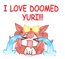 a drawing of a girl crying with the words " i love doomed yuri !!! "