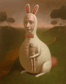 a painting of a man dressed as a rabbit holding a child