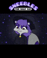 a poster for sneebles the half cat shows a purple skunk wearing a black witch hat