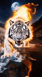 a white tiger is walking through a body of water surrounded by fire .