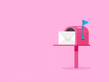 a pink mailbox with an envelope coming out of it on a pink background