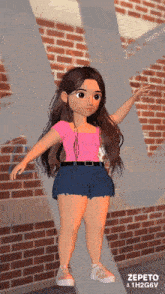 a 3d model of a girl standing in front of a brick wall with the name zepeto on the bottom