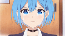 a blue haired anime girl is crying with tears coming out of her eyes