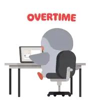a penguin is sitting at a desk with a laptop and the word overtime above it