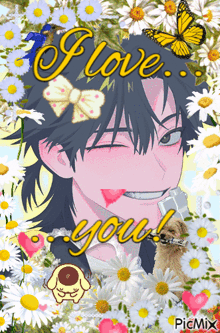 a picture of a boy with the words i love you surrounded by daisies