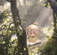 a cartoon character with glasses is sitting on a swing in a forest