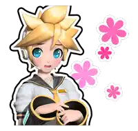 a sticker of a boy with yellow hair and blue eyes with pink flowers in the background