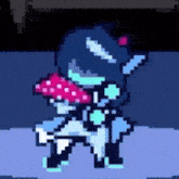 a pixel art drawing of a person holding a mushroom in their hand .