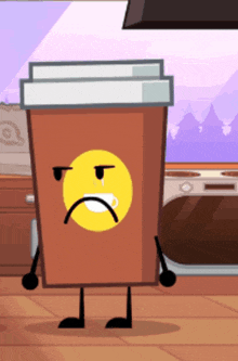 a cartoon drawing of a cup of coffee with a sad face on it