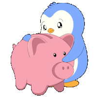 a penguin is hugging a pink piggy bank with a coin in its beak