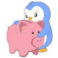 a penguin is hugging a pink piggy bank with a coin in its beak