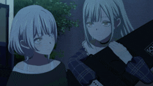 two anime girls are standing next to each other and one of them is pointing at a sign that says ds