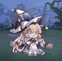 a little girl wearing a witch hat and glasses is sitting on the ground .
