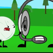 a cartoon character wearing headphones stands next to another character