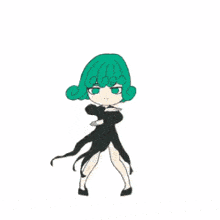 a cartoon drawing of a girl with green hair and black pants
