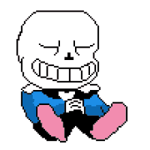 a pixel art of a skeleton sitting down with his eyes closed and a bow tie .