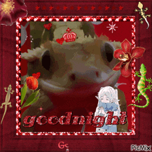 a picture of a lizard with the words goodnight written in red