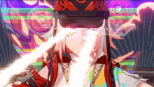 a girl wearing a virtual reality headset has a watch on her wrist that has the letter g on it