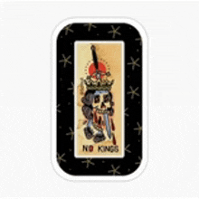 a sticker with a skull wearing a crown and a sword on it .