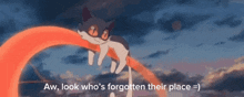 a cat is laying on a rope with the words aw look who 's forgotten their place written below it
