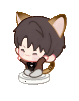 a cartoon character with cat ears is sitting on a white object