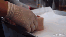 a person wearing gloves is putting a piece of meat on a tray with the words made in animatica on the bottom