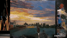 a painting of a sunset with the words made in animatica on the bottom