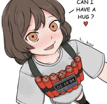a drawing of a girl with a bomb on her chest that says can i have a hug