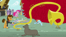 a cartoon of ponies playing a trumpet and a seal