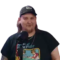 a man wearing a hat and a shirt that says " first knife fight "