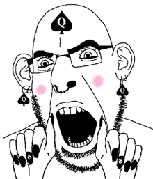 a black and white drawing of a man with a spade on his head and earrings .