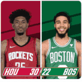 two basketball players from the rockets and boston are shown