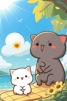 a cartoon drawing of a cat and a kitten sitting on a beach