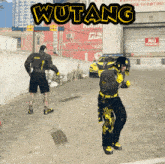 a man in a wutang outfit stands in front of a building