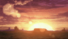 a painting of a sunset over a desert landscape with a large sun shining through the clouds .