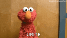elmo the sesame street character is standing in front of a wooden wall and saying urite .