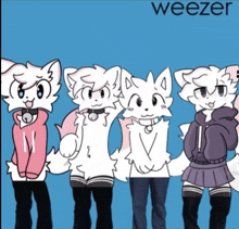 a group of furry animals are standing next to each other and the word weezer is on the blue background