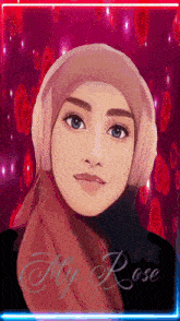 a drawing of a woman wearing a hijab and headphones with the name my rose on the bottom right