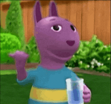 a cartoon character is holding a glass of water .