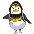a cartoon penguin wearing a scarf and hat