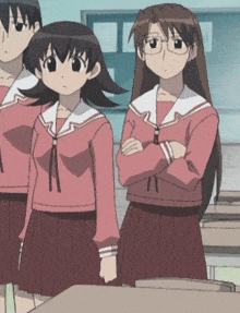 a group of anime girls standing in a classroom