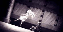 a girl with long white hair is flying in the air